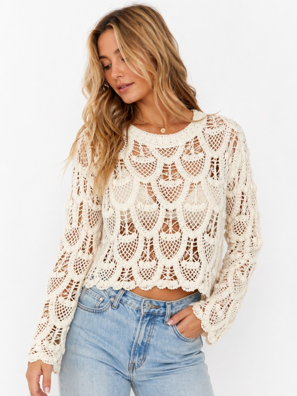 POL Crochet Open Knit Sweater Boho Sheer Long Sleeve Crop Top